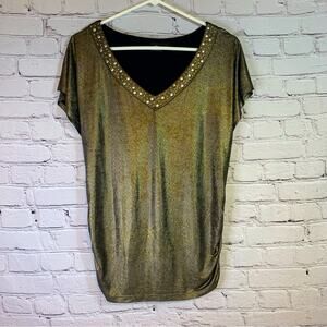 Rock & Republic Rocker Chick Studded Gold Metallic Top Size XS II0679